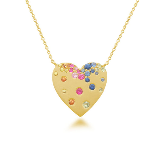 Sterling Silver Gold Plated Puffy Heart With Colorful CZ Necklace