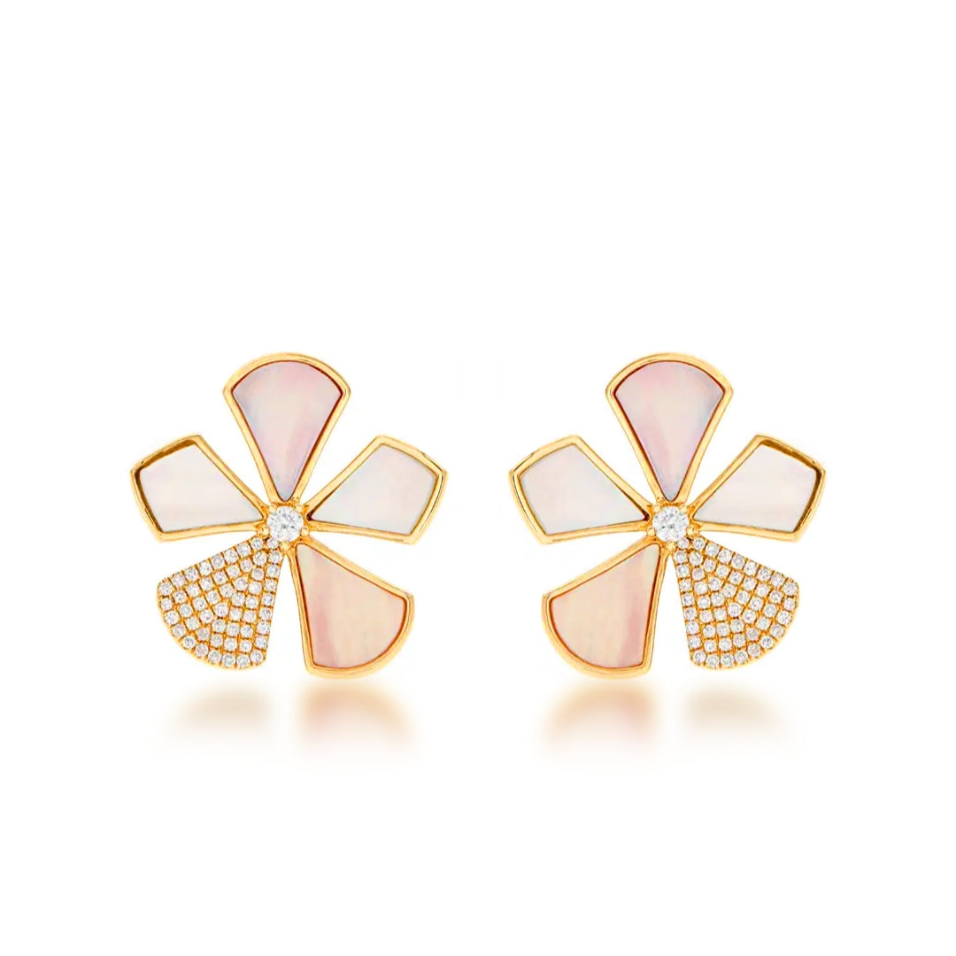 Sterling Silver Gold Plated Mother of Pearl And CZ Five Petal Flower Stud Earrings