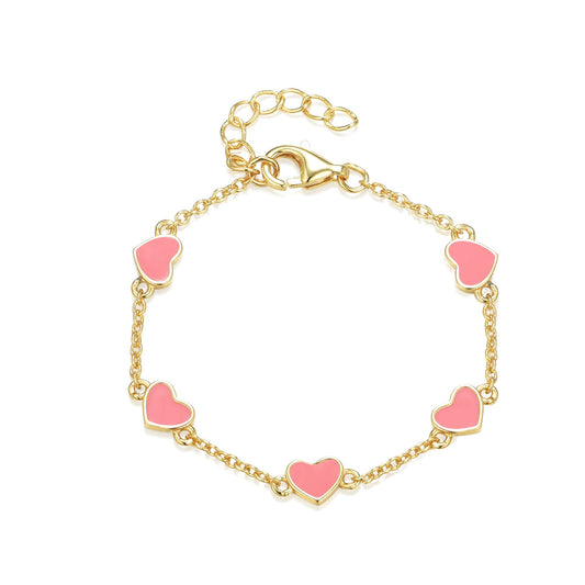 Gold Plated Sterling Silver Red Or Pink Enamel Heart Station Bracelet