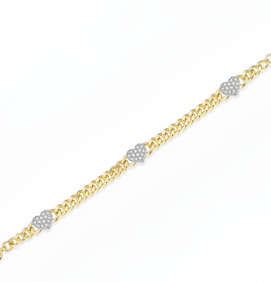 Gold-plated Sterling Silver Cuban Chain With Three Micropave Hearts Bracelet