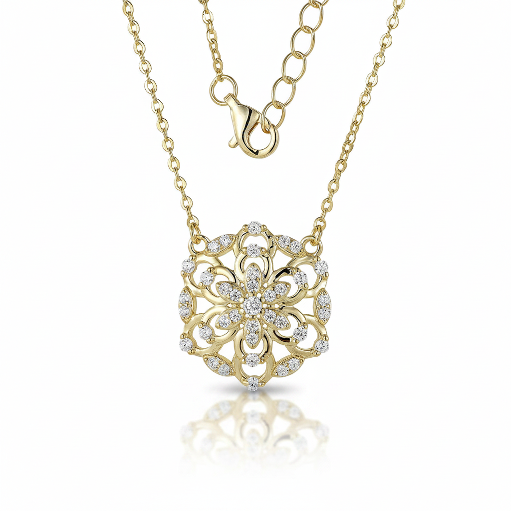 Sterling Silver Gold Plated Snowflake Shape With CZ Necklace