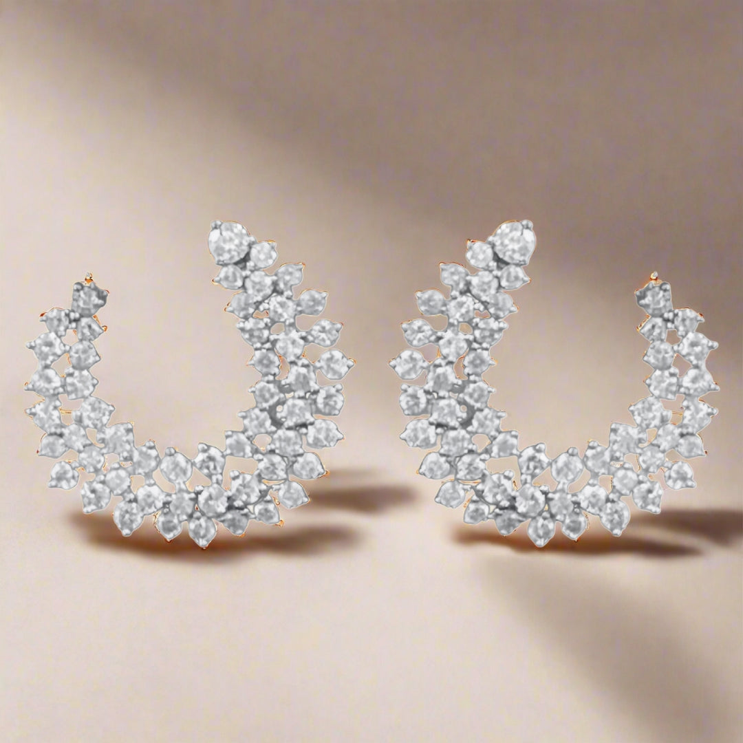 Sterling Silver 3 Row Sprinkled CZ C Shaped Side Hoop Earrings