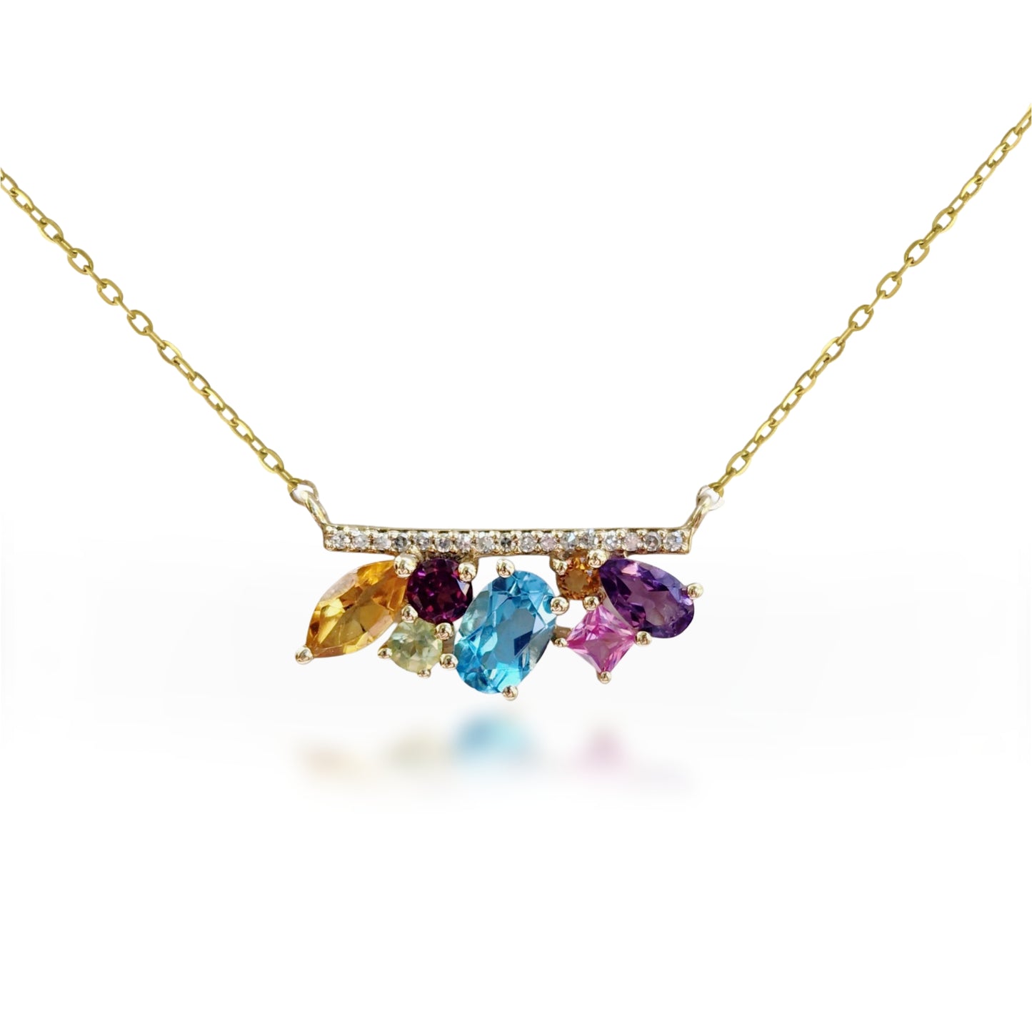 10k Gold Multicolor Gemstone Diamond Bar Necklace