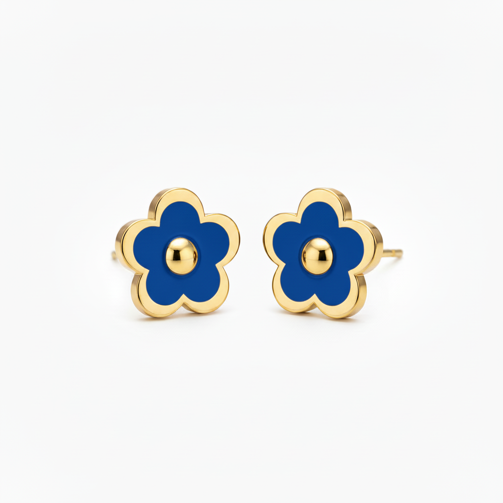 Gold-Plated Enamel Flower Stud Earrings with Center Circle - Hypoallergenic Surgical Steel Kids