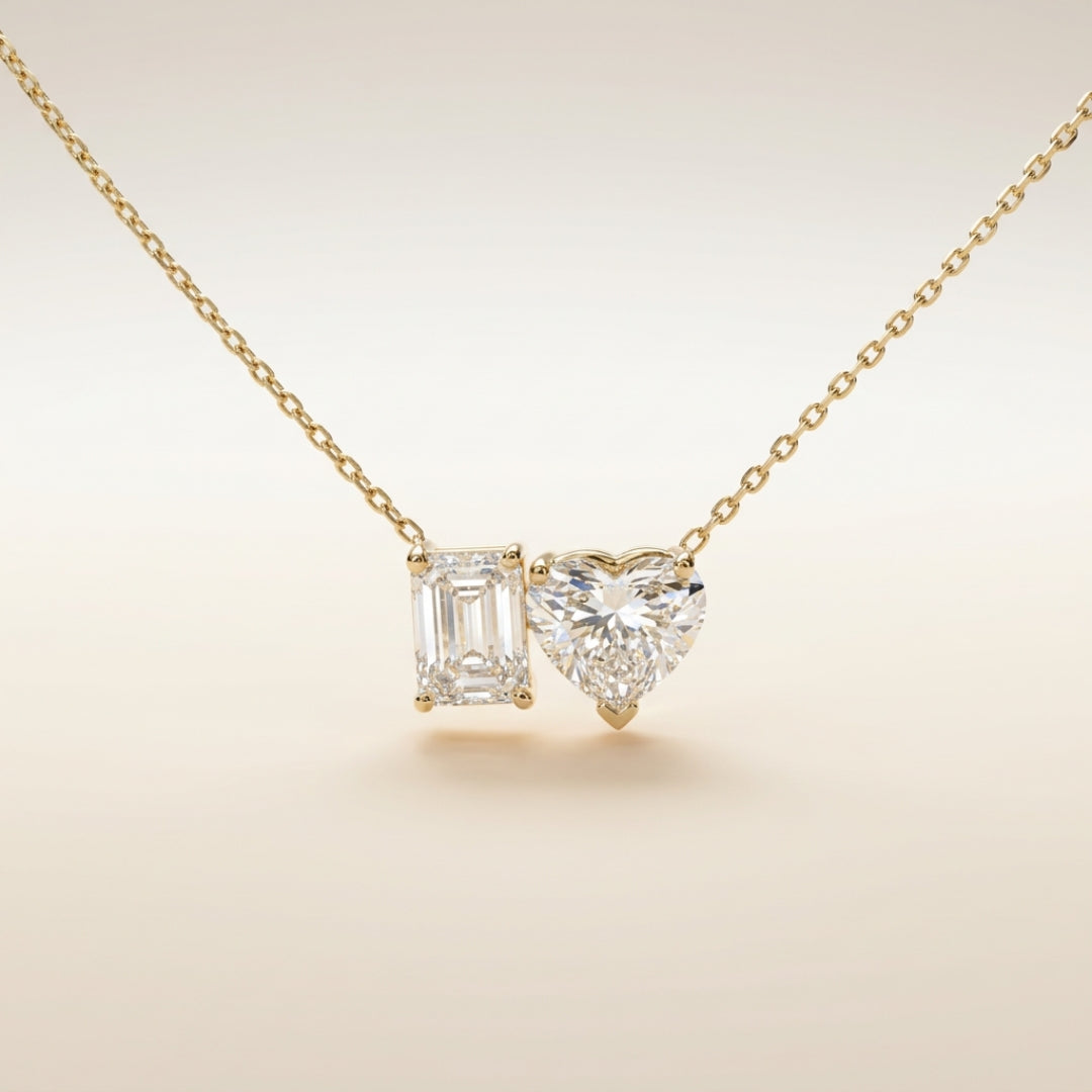 14K Emerald Cut and Heart Shaped Two Stone Lab Grown Diamond Necklace
