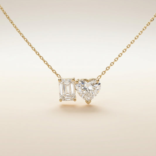 14K Emerald Cut and Heart Shaped Two Stone Lab Grown Diamond Necklace