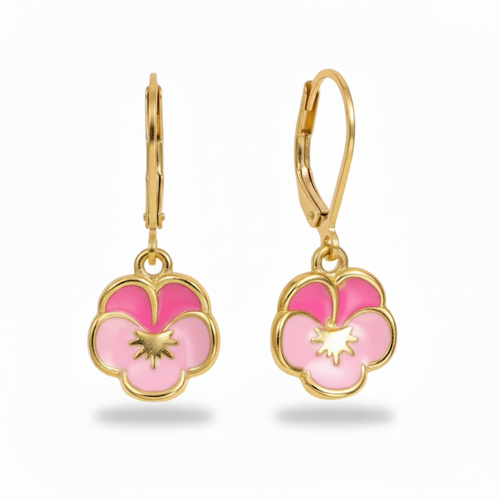 Colorful Enamel Pansy Flower Surgical Steel Leverback Earrings - Hypoallergenic Kids Jewelry
