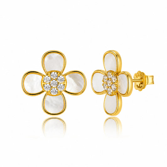 Sterling Silver White Mother of Pearl Flower Stud Earrings