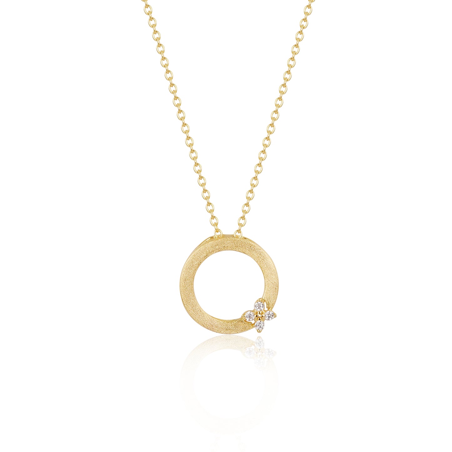 Sterling Silver Brushed Gold Plated Circle With CZ Flower Necklace