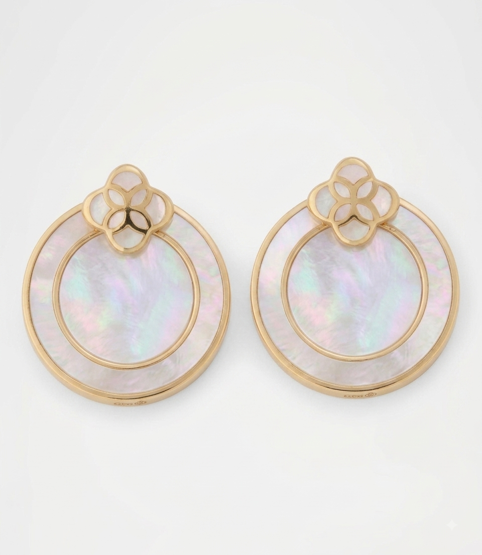 Gold Plated Sterling Silver Round Mother of Pearl Floral Overlay Stud Earrings