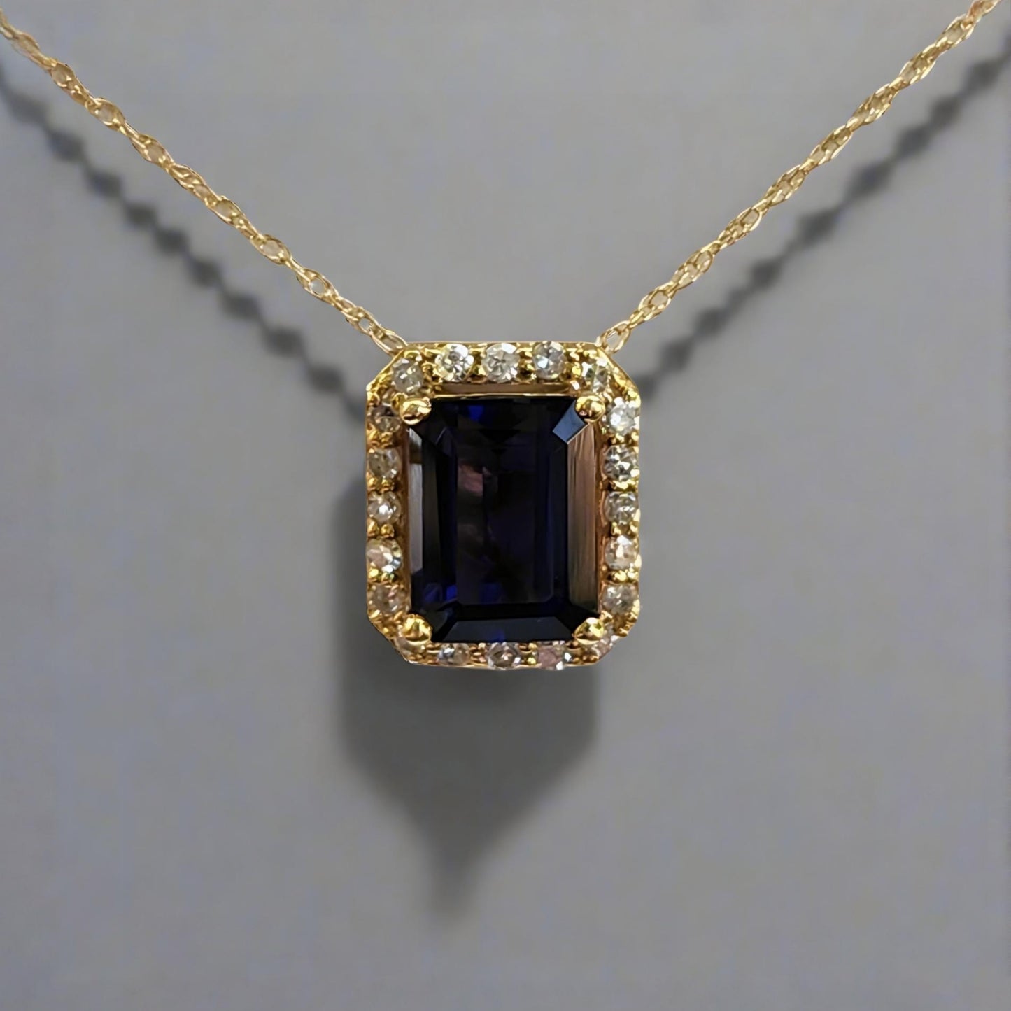 10k Gold Diamond and Iolite Rectangular Necklace