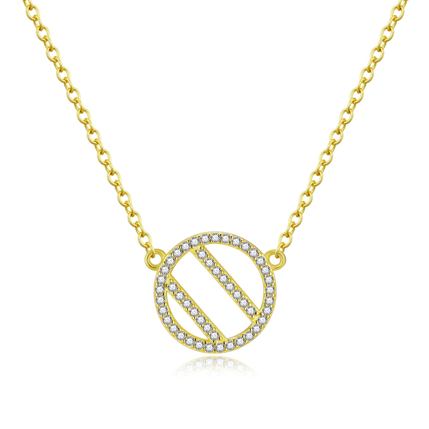 Sterling Silver Diagonal Stripe Circle Necklace - CZ Pendant