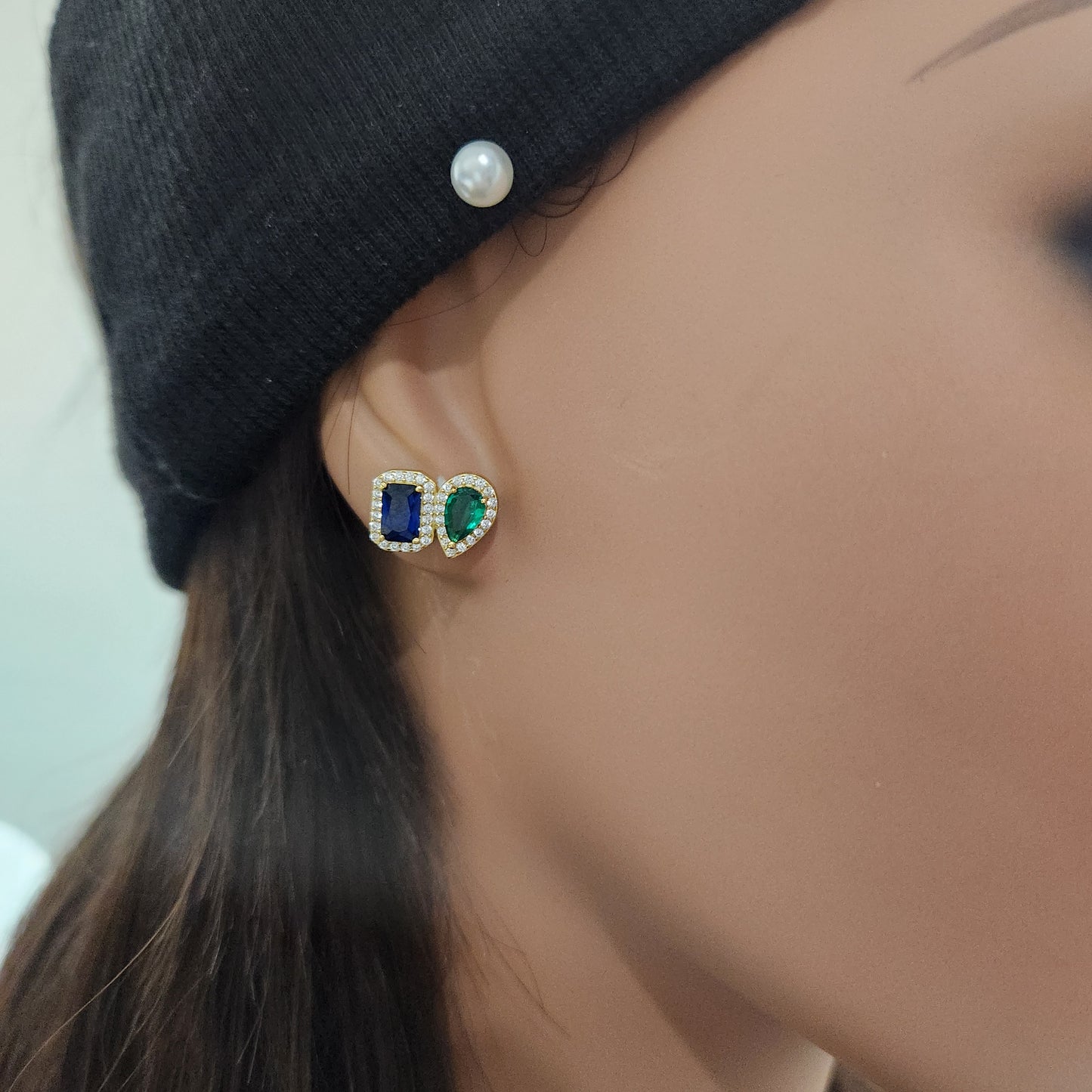 Sterling Silver Gold Plated Emerald and Sapphire CZ Shape Stud Earring