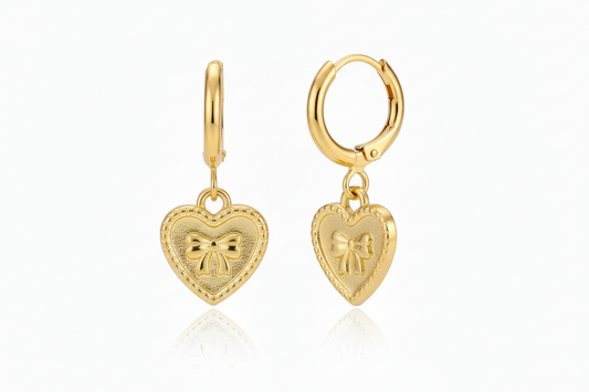 Gold Plated Heart with Bow Leverback Earrings
