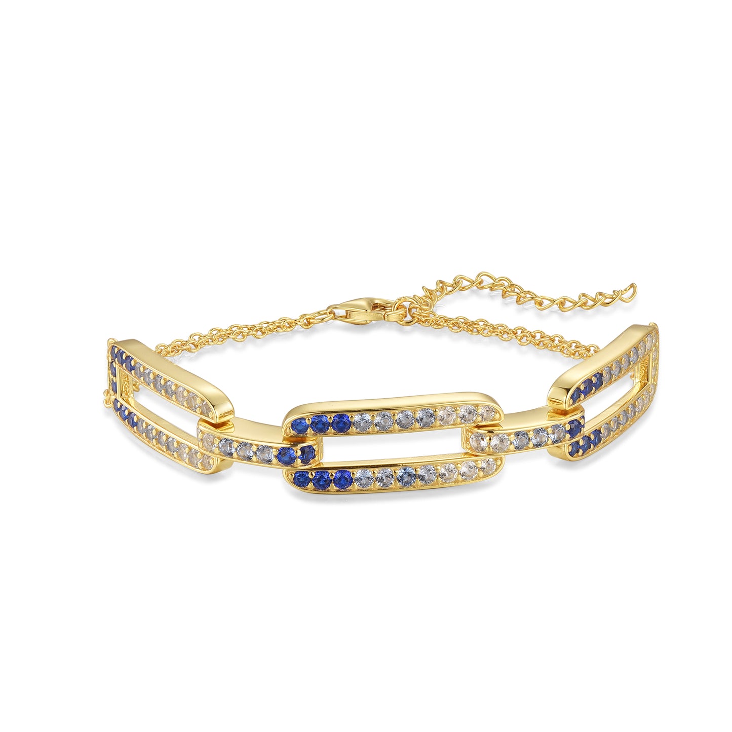 Sterling Silver Gold Plated CZ Paperclip on Double Chain Bracelet