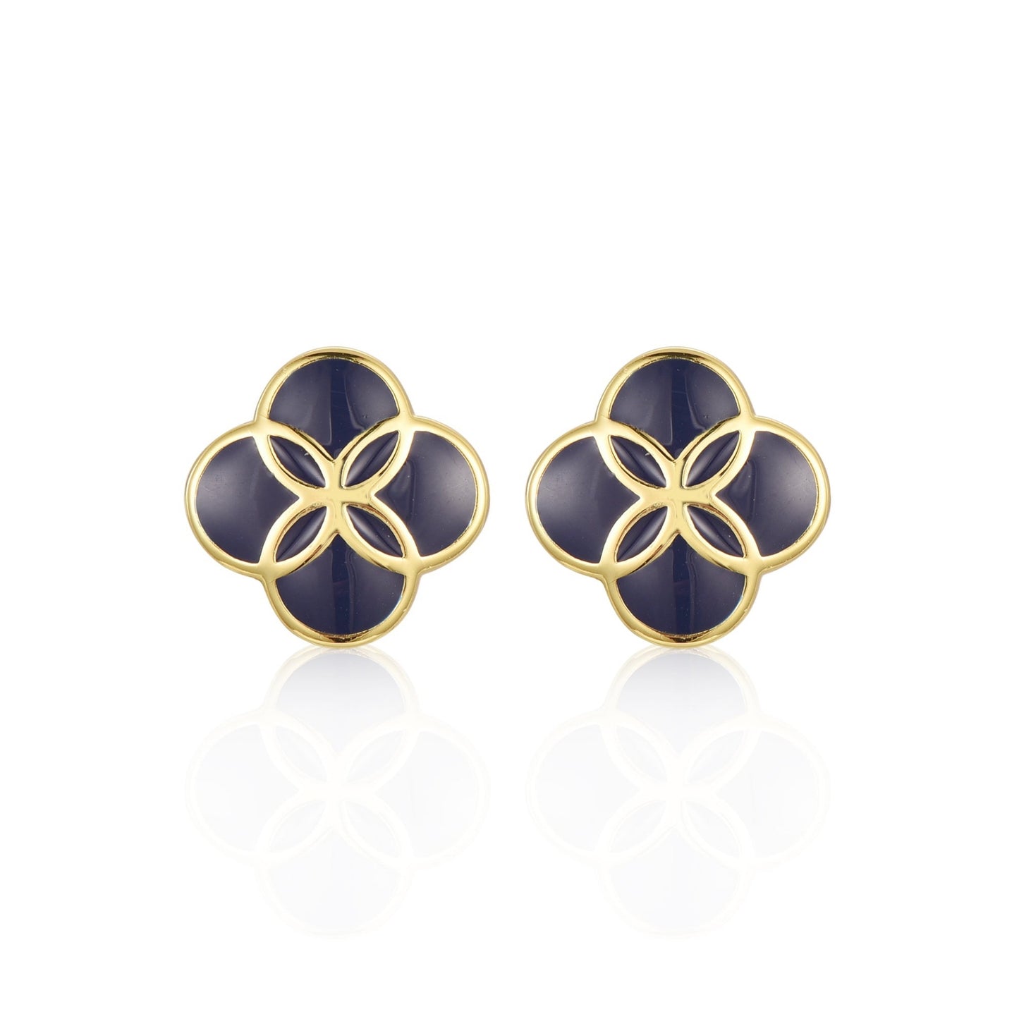 Gold plated Surgical Steel Blue Enamel Clover Stud Earrings