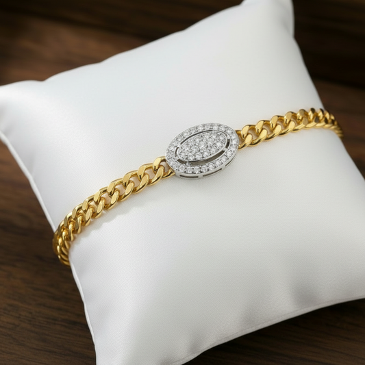 Micropave Oval Cuban Curb Chain Bracelet - Gold Plated Silver 6" + 1"