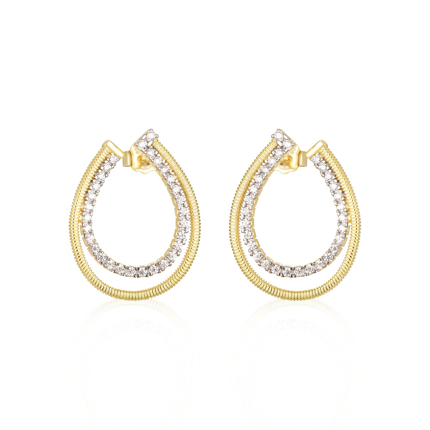 Sterling Silver Two Tone CZ Front Back J Hoop Teardrop Earrings