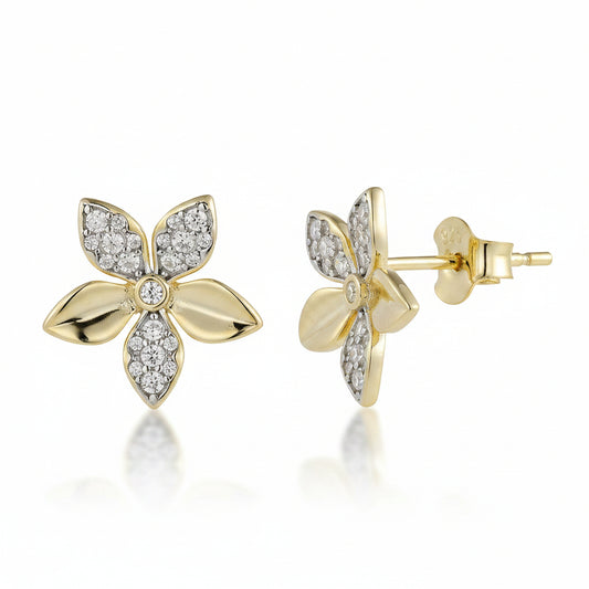 Sterling Silver Gold Plated Flower With CZ Stud Earrings