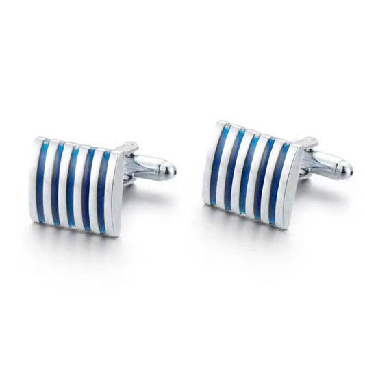 Silver Color Blue Striped Cufflinks