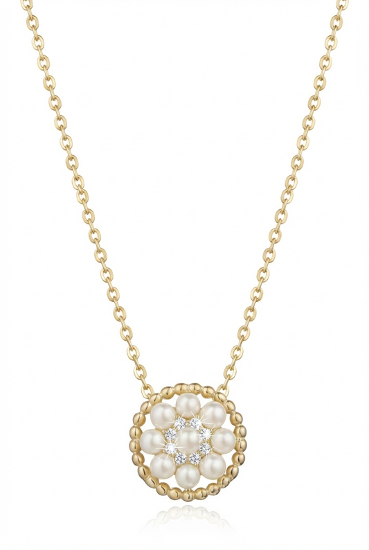 Vintage Pearl Gold Plated Sterling Silver with CZ Halo Necklace