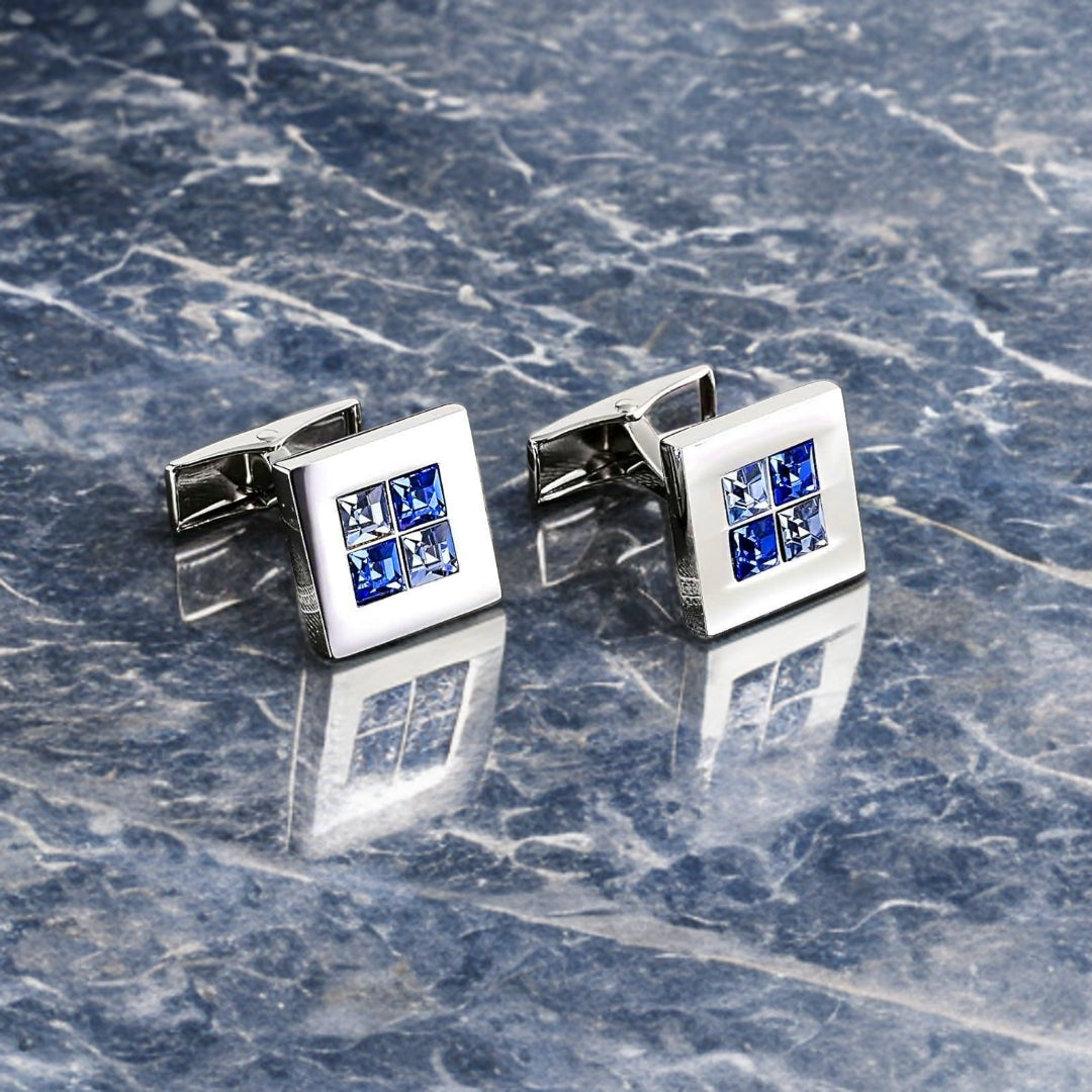 Silver Color Square Cufflinks with Square Blue Stones