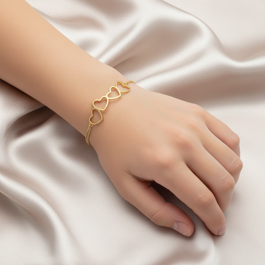 Gold Plated Sterling Silver Four Heart Double Chain Bracelet