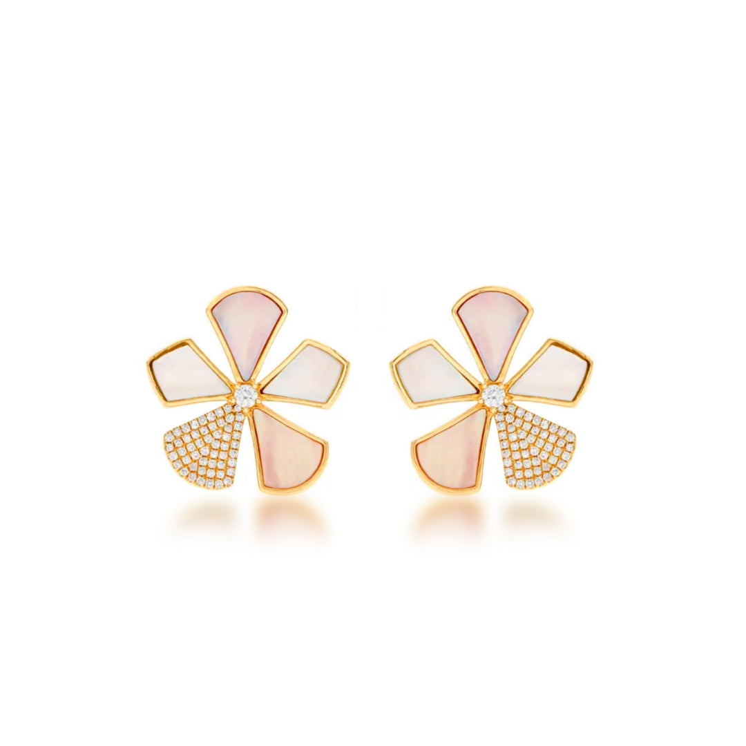 Surgical Steel Gold Plated Mother of Pearl And CZ Five Petal Flower Stud Earrings