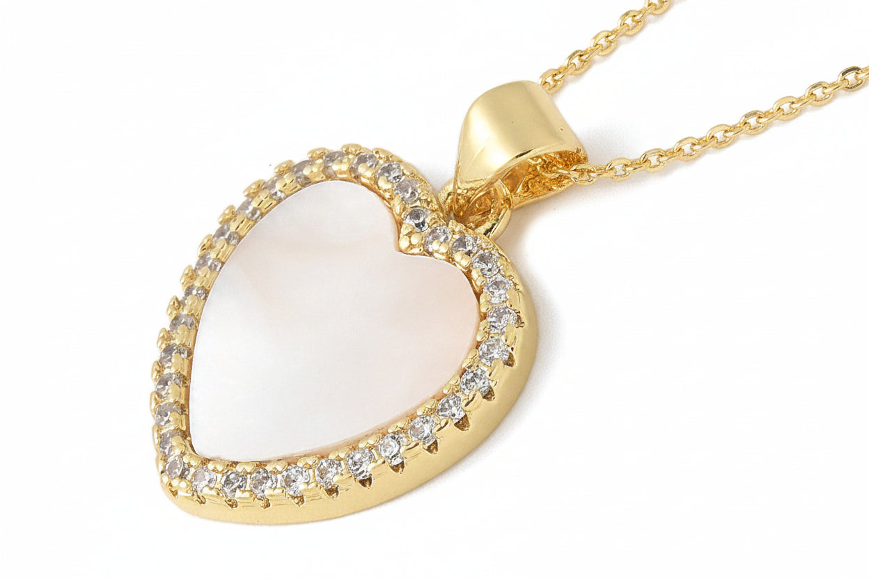 Gold Plated Shell Pearl and CZ Heart Pendant Necklace - 15.5mm