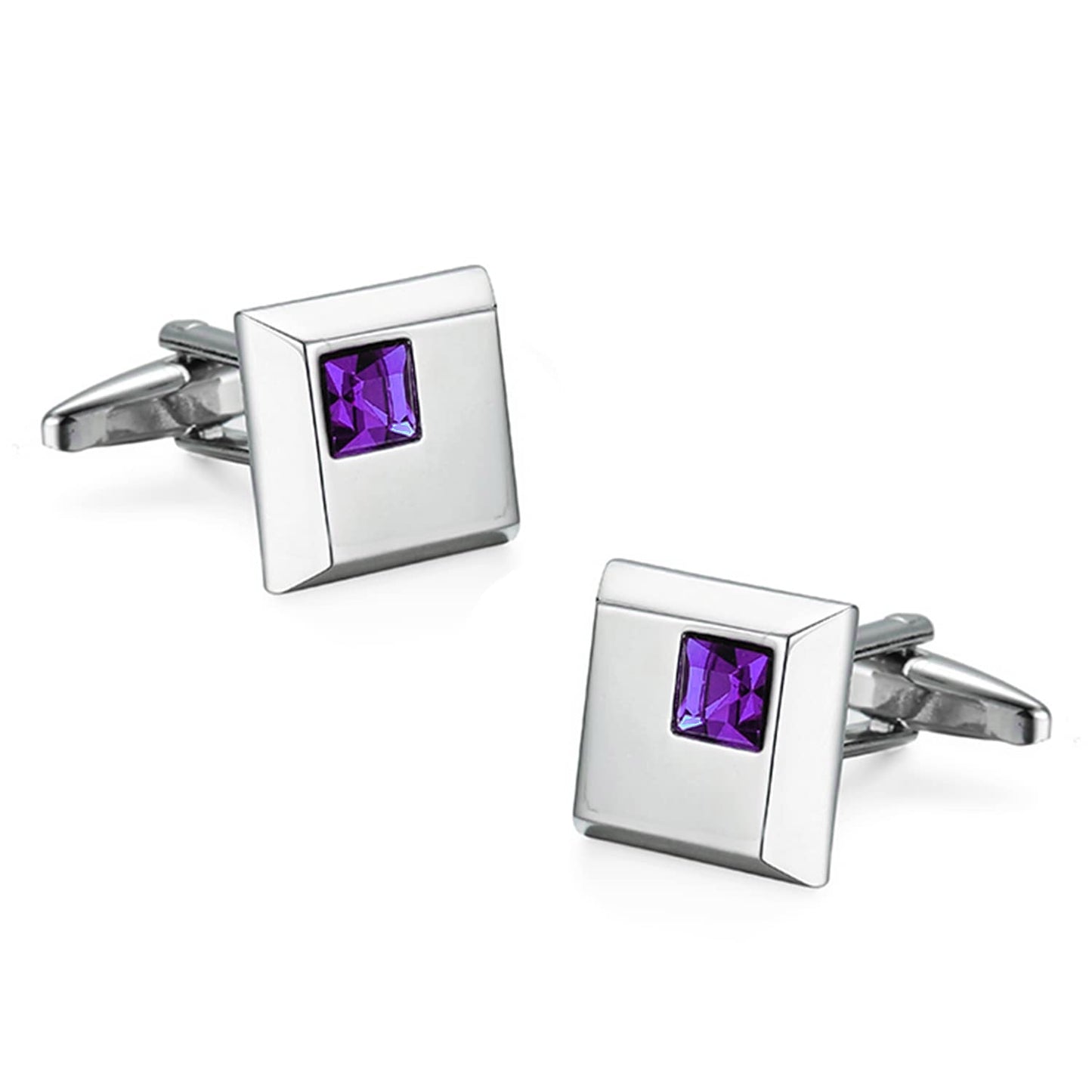 Silver Color Square Cufflinks with Purple Stone