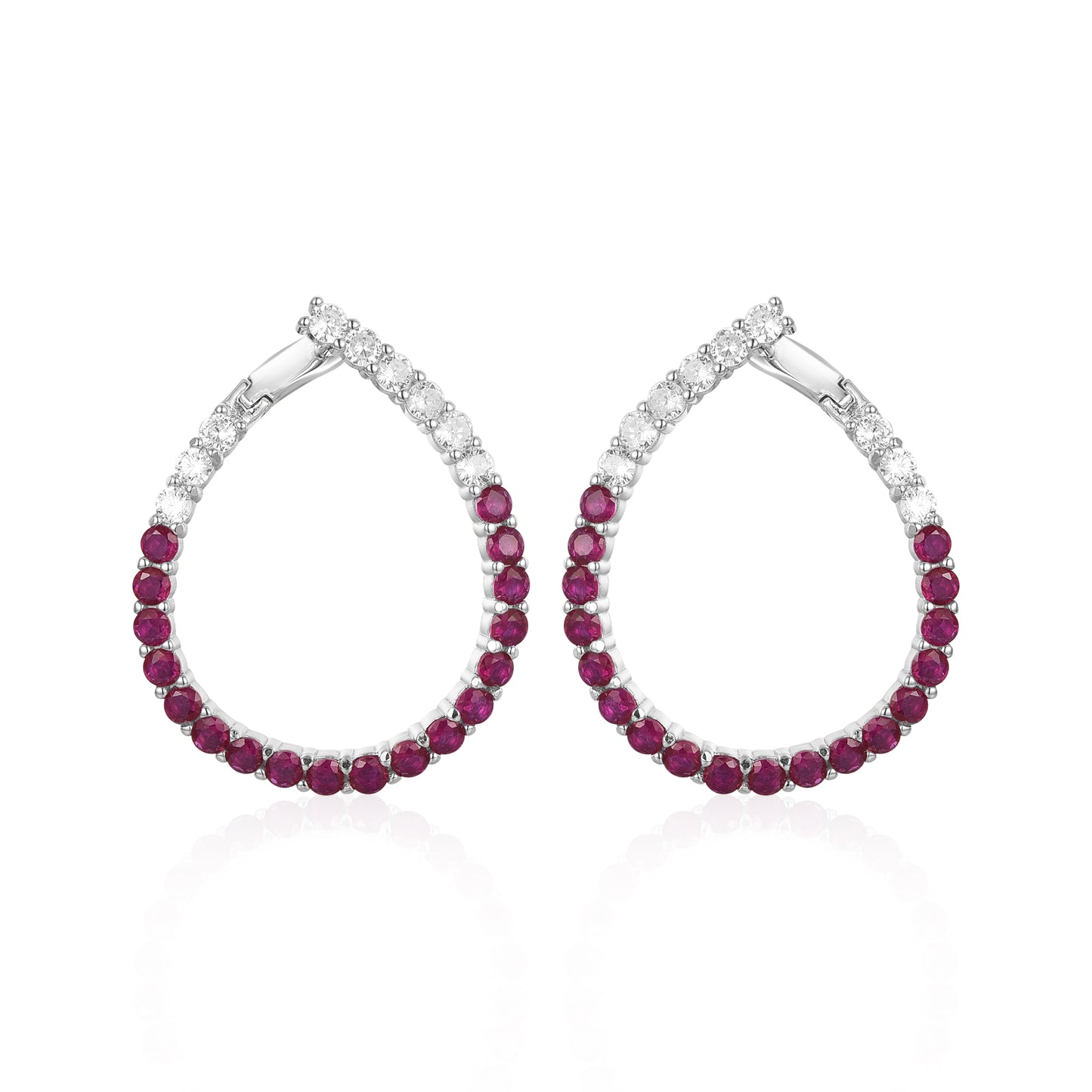 Sterling Silver Clear and Sapphire or Ruby and CZ Front Back J Hoop Teardrop Earrings