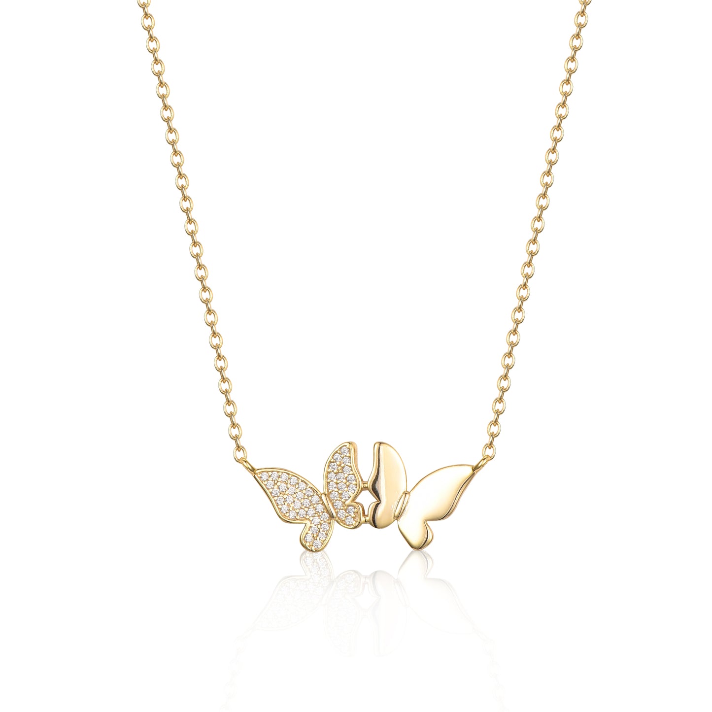 Sterling Silver Gold Plated Double Butterfly With CZ Necklace