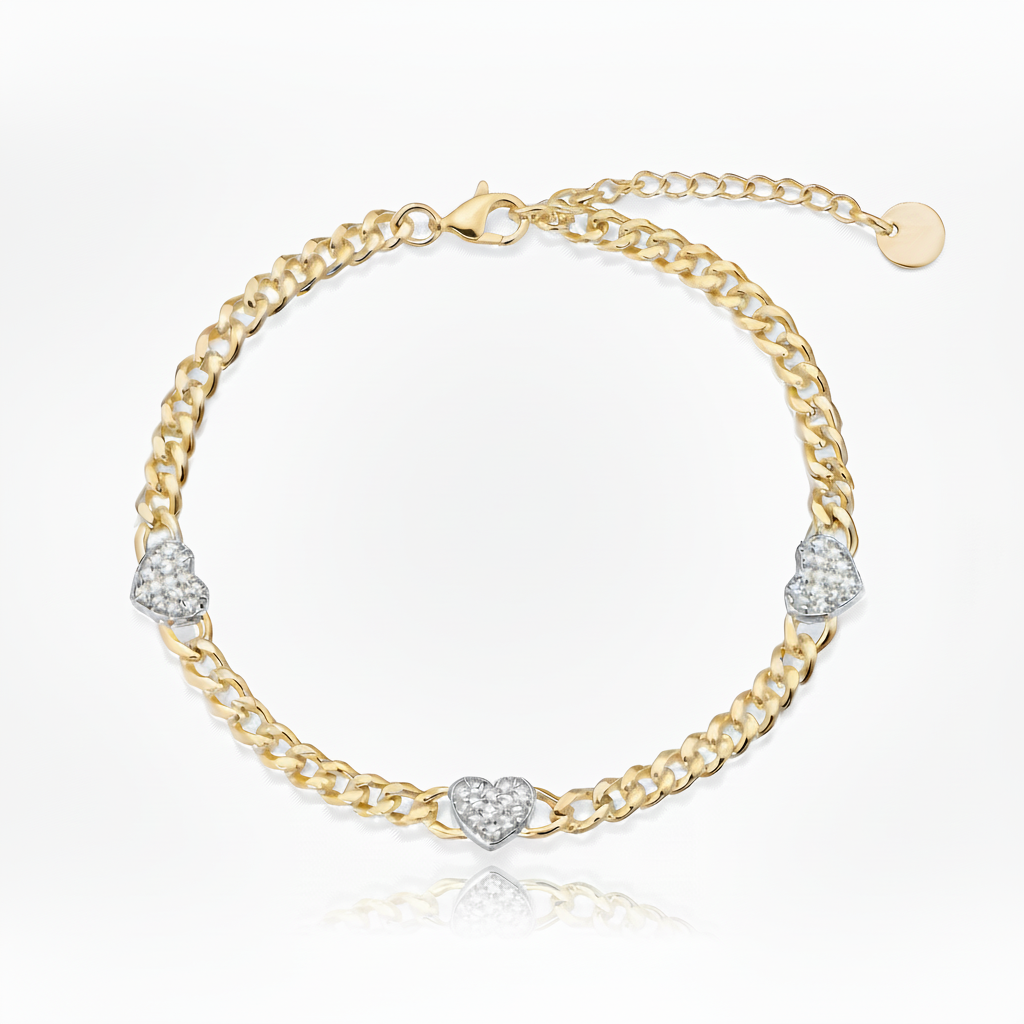 Gold-plated Sterling Silver Cuban Chain With Three Micropave Hearts Bracelet