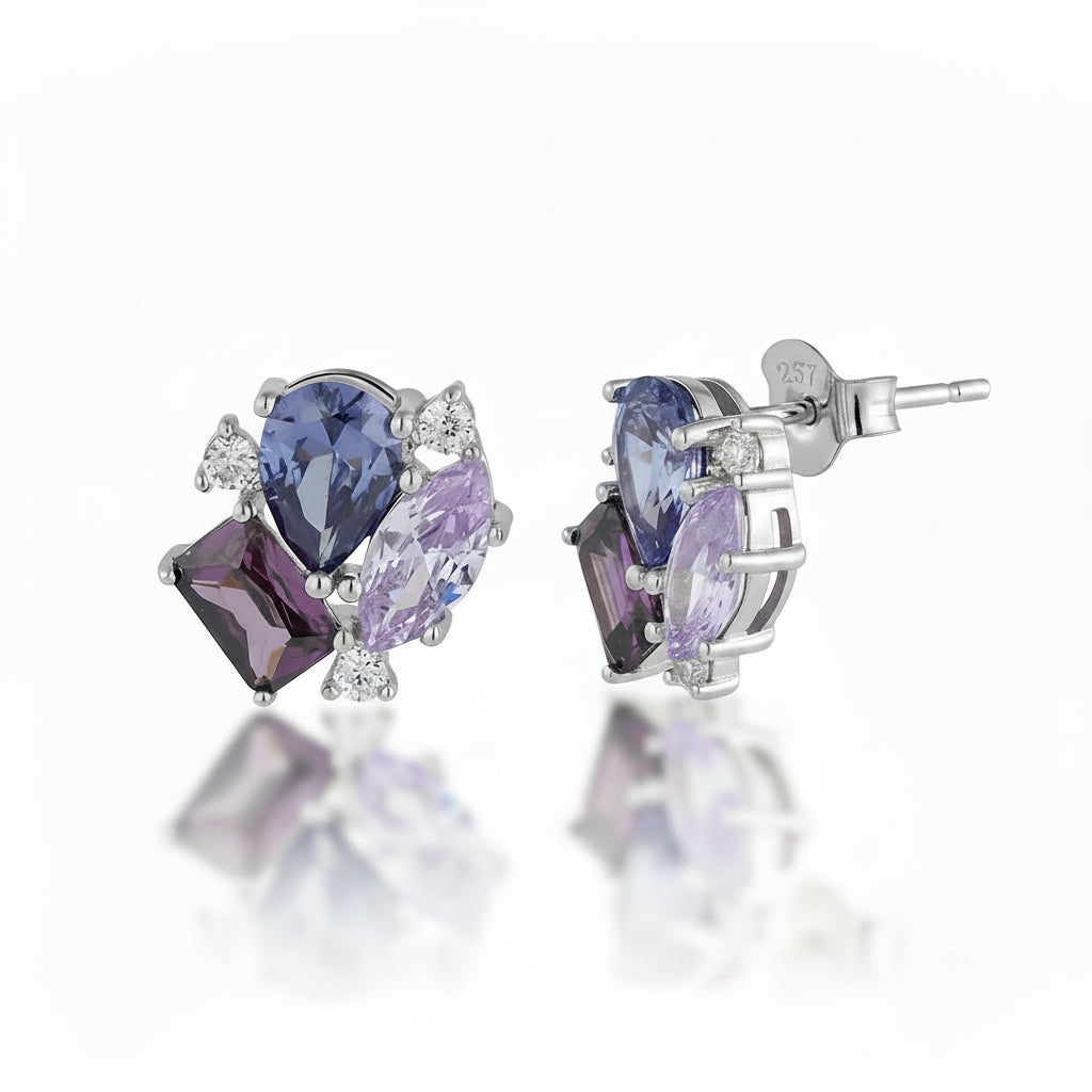 Sterling Silver Multi Shape Multicolor CZ Stud Earrings