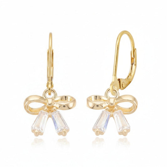Gold Plated Surgical Steel Bow With CZ Leverback Earrings