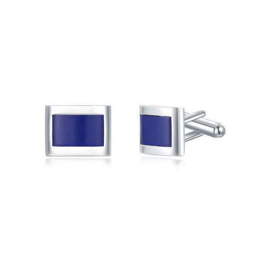 Rhodium Plated Curved Rectangular Blue Cufflinks