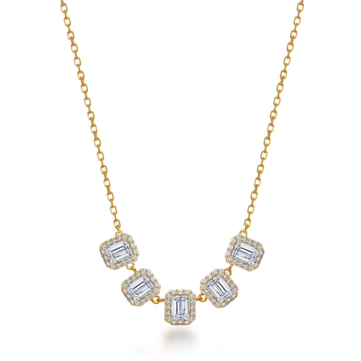 Sterling Silver 5 Halo Emerald Cut Stone Bar Necklace