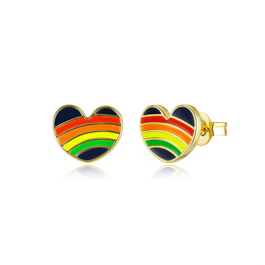 Gold-Plated Surgical Steel Multicolor Enamel Heart Stud Earrings - Hypoallergenic Kids Jewelry