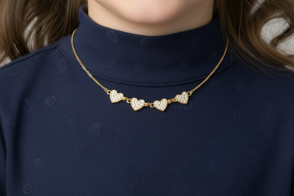 Gold Plated Sterling Silver Four Heart Micropave CZ Necklace