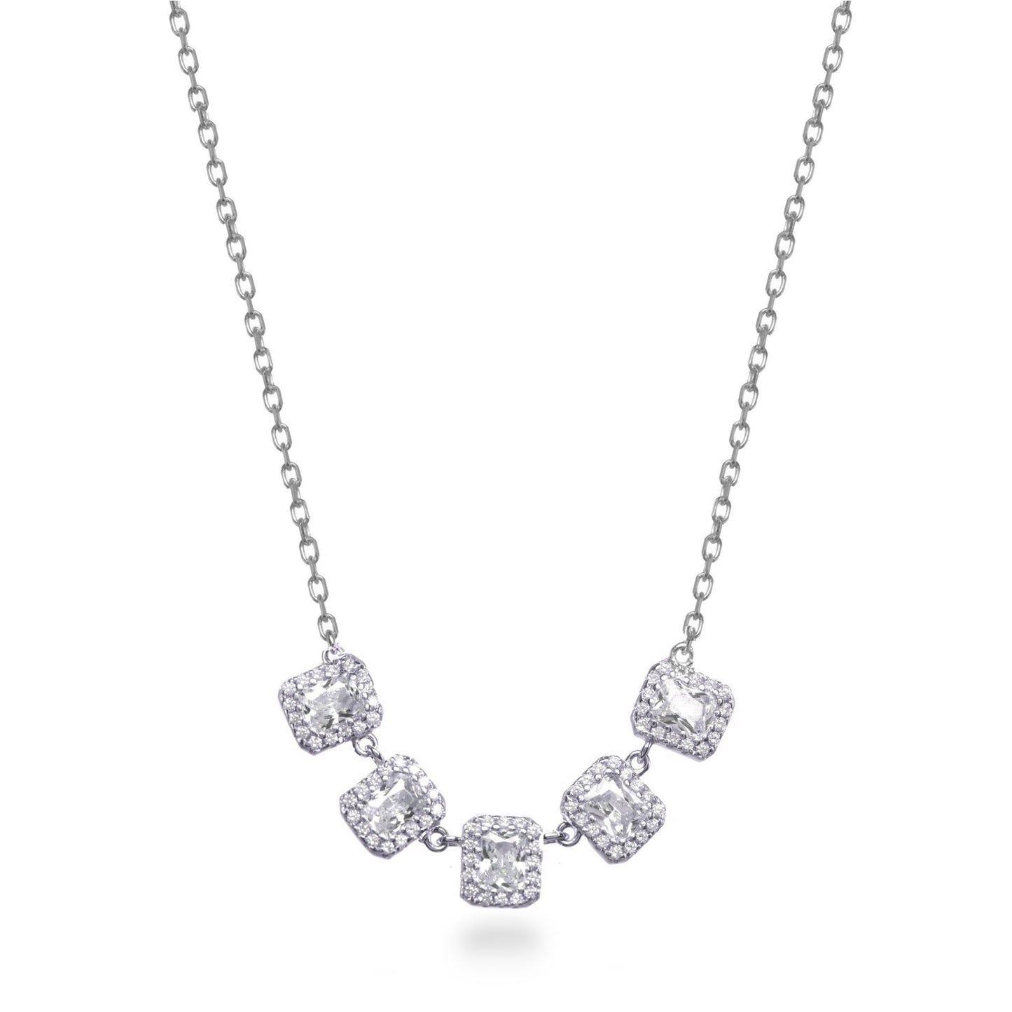 Sterling Silver 5 Halo Emerald Cut Stone Bar Necklace