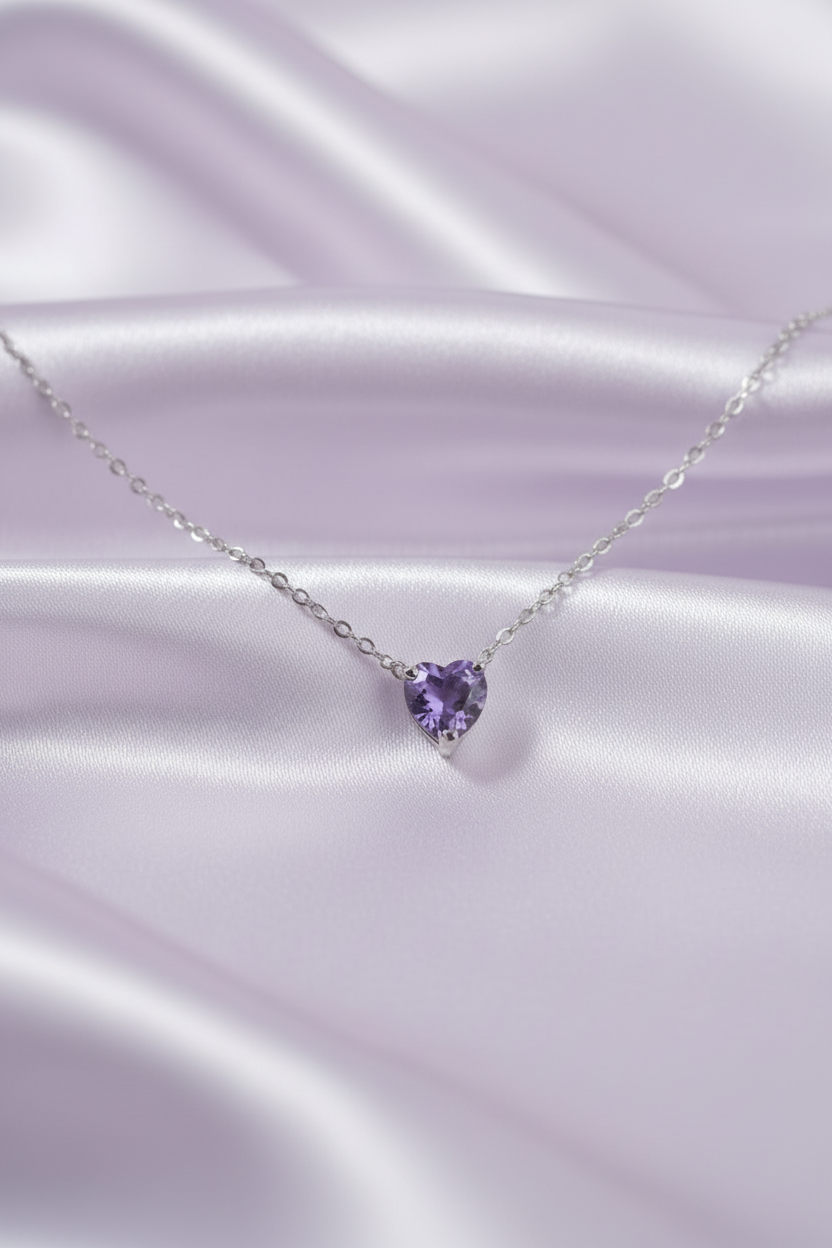 Purple Heart Pendant Necklace - Sterling Silver