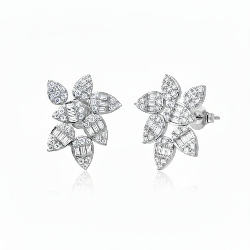 Sterling Silver CZ Floral Cluster Stud Earrings