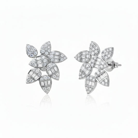 Sterling Silver CZ Floral Cluster Stud Earrings