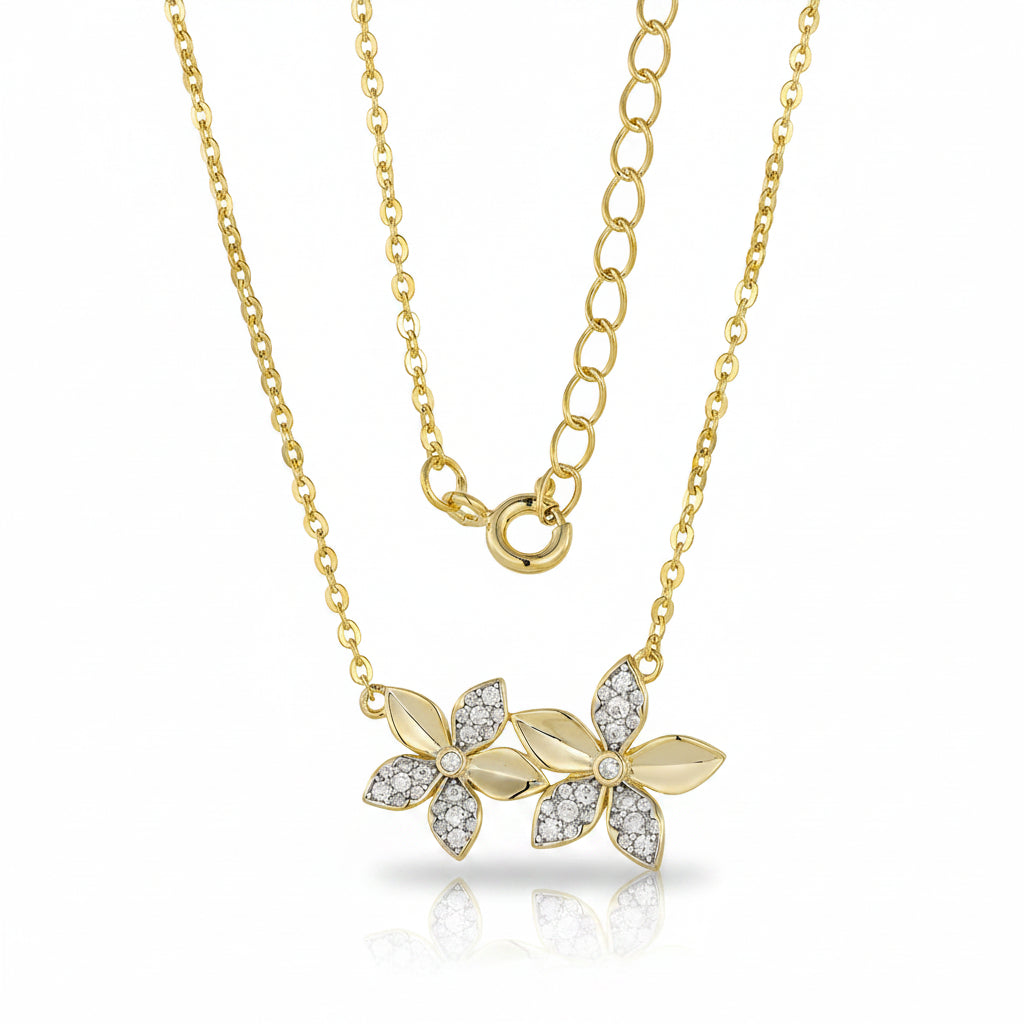 Sterling Silver Gold Double Flower With CZ Necklace