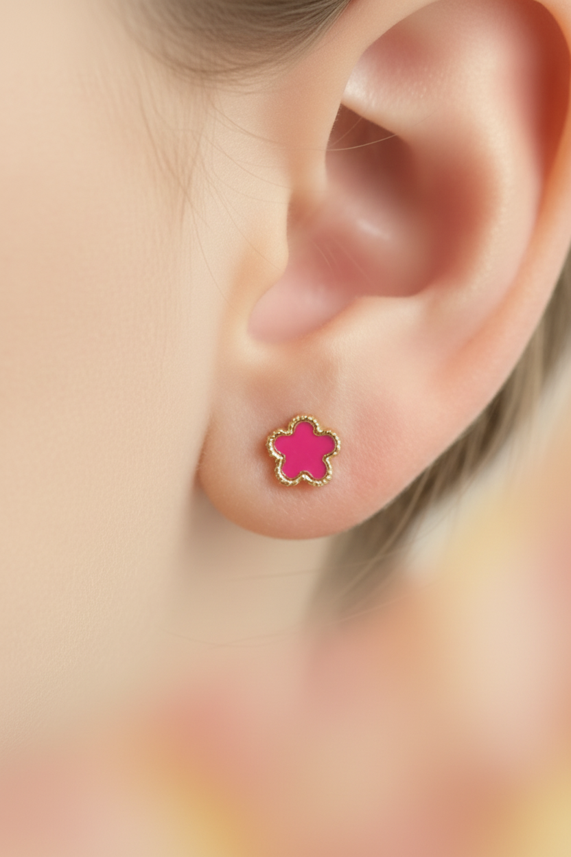 Kids Gold Plated Enamel Flower Stud Earrings - Hypoallergenic Surgical Steel