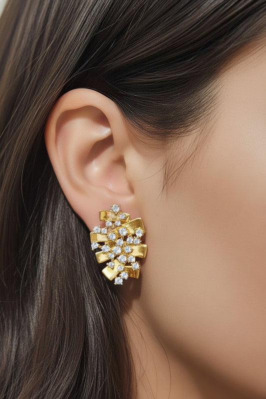 Sterling Silver Gold Plated Wave Sprinkled CZ Stud Earrings