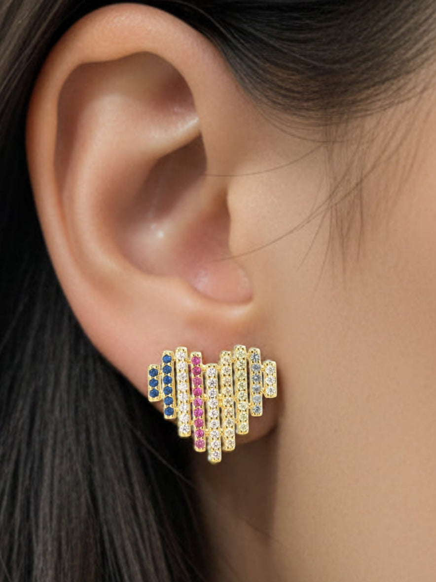 Gold-Plated Surgical Steel Multicolor Striped Heart Stud Earrings