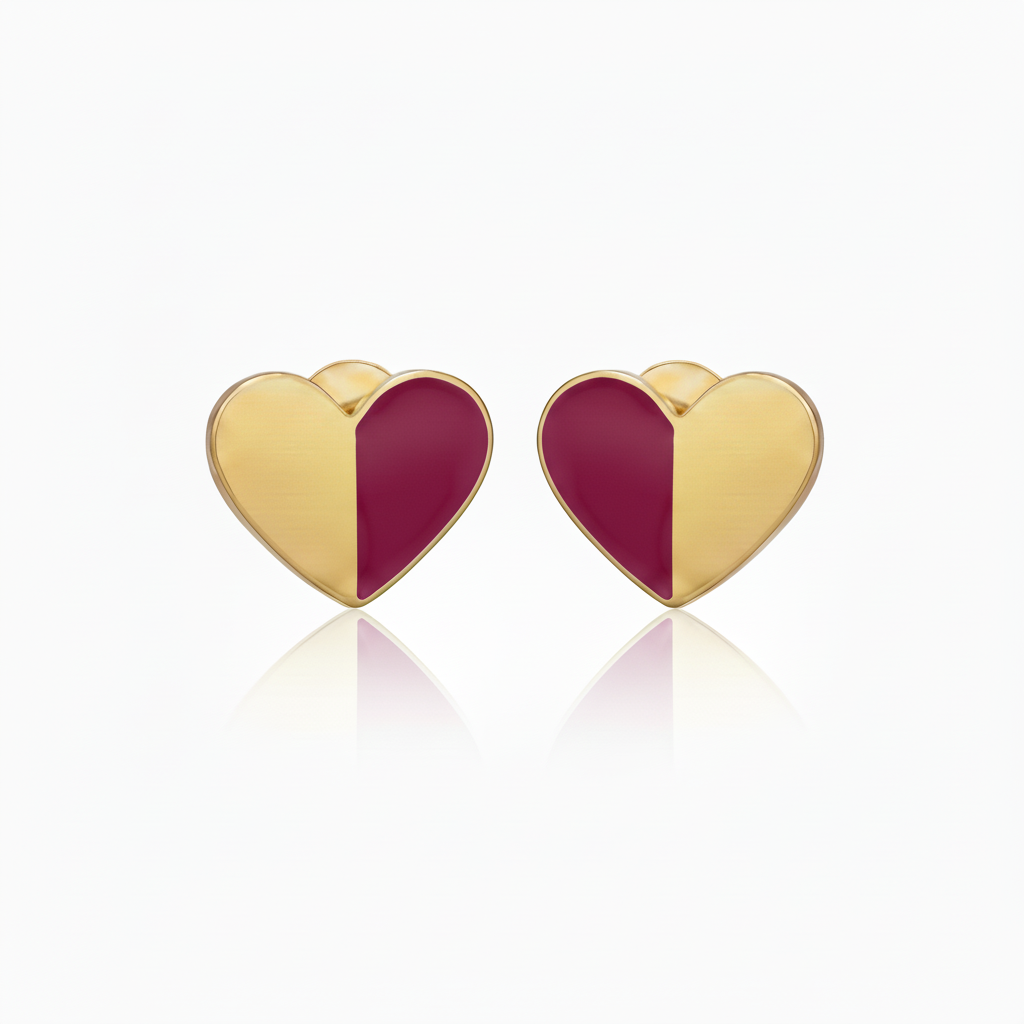 Gold-Plated Surgical Steel Half Enamel Heart Stud Earrings - Hypoallergenic Kids Jewelry