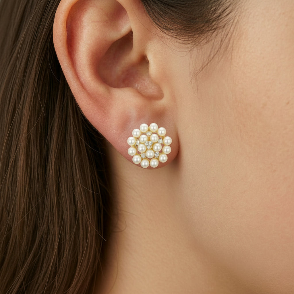 Surgical Steel Gold Plated Pearl With CZ Cluster Stud Earrings
