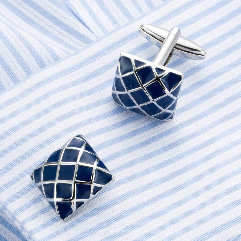 Silver Color Square Cufflinks with Blue Enamel Checkered Design